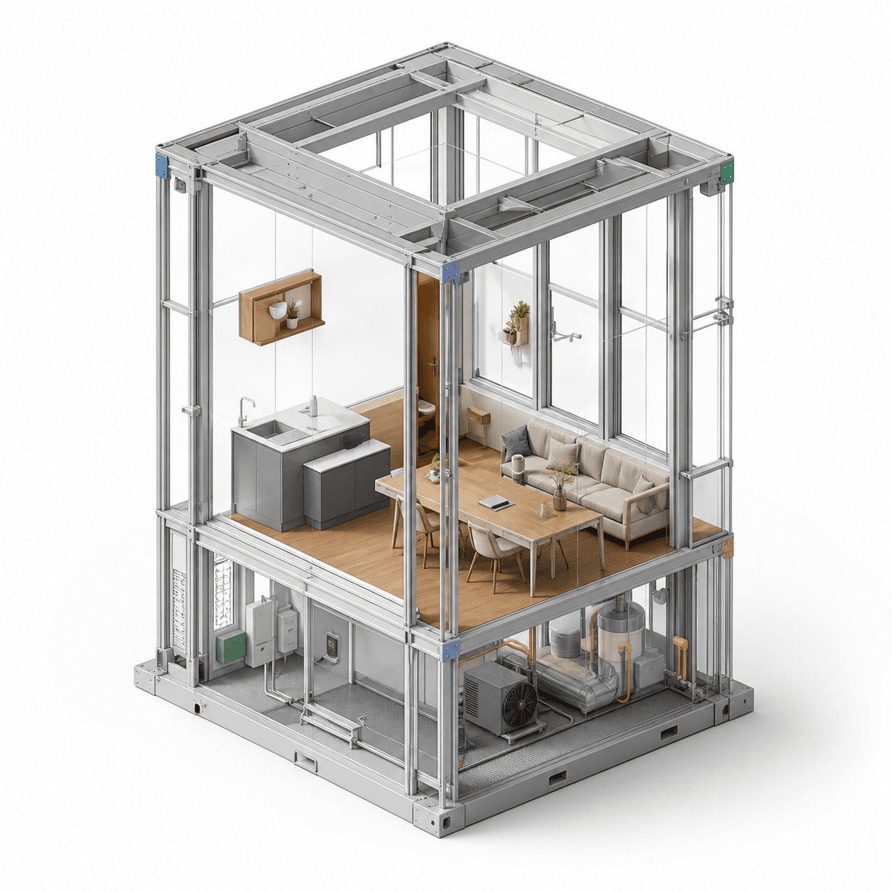 ARCHE two-level modular habitat with interactive engineering system hotspots